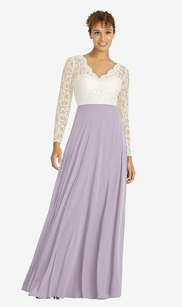 Front View - Lilac Haze & Ivory Long Sleeve Illusion-Back Lace and Chiffon Dress