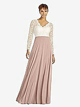 Front View Thumbnail - Neu Nude & Ivory Long Sleeve Illusion-Back Lace and Chiffon Dress