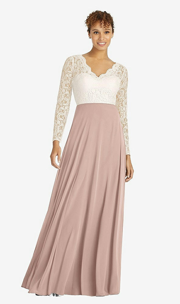 Front View - Neu Nude & Ivory Long Sleeve Illusion-Back Lace and Chiffon Dress
