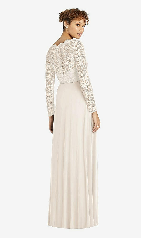 Back View - Oat & Ivory Long Sleeve Illusion-Back Lace and Chiffon Dress