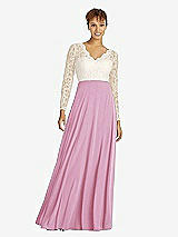 Front View Thumbnail - Powder Pink & Ivory Long Sleeve Illusion-Back Lace and Chiffon Dress