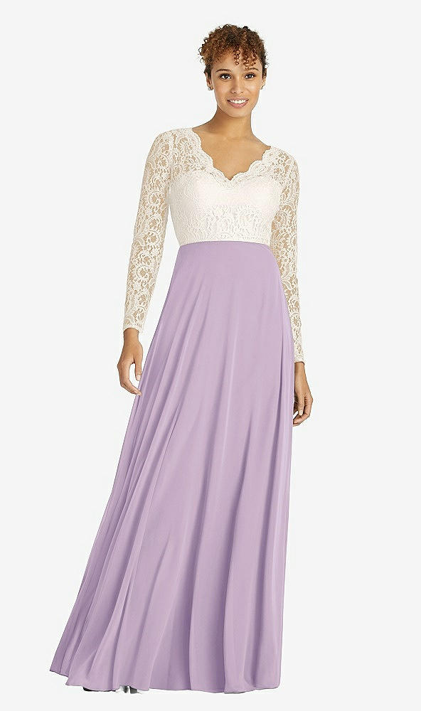 Front View - Pale Purple & Ivory Long Sleeve Illusion-Back Lace and Chiffon Dress