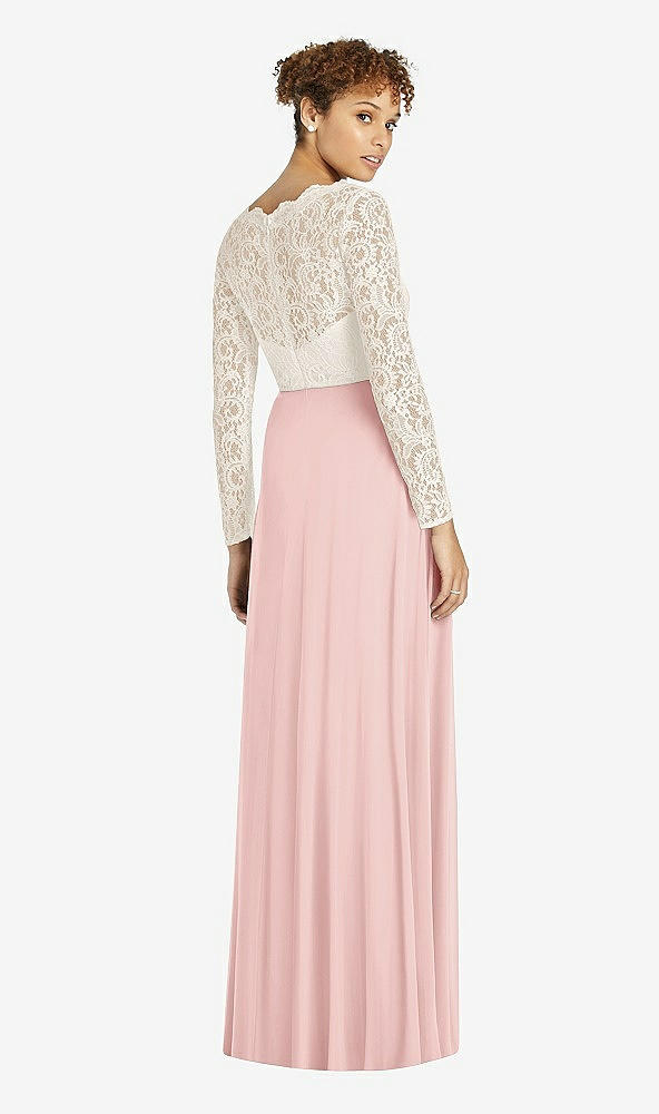 Back View - Rose & Ivory Long Sleeve Illusion-Back Lace and Chiffon Dress