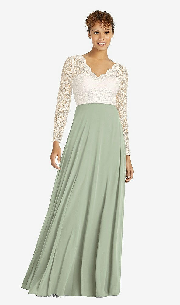 Front View - Sage & Ivory Long Sleeve Illusion-Back Lace and Chiffon Dress