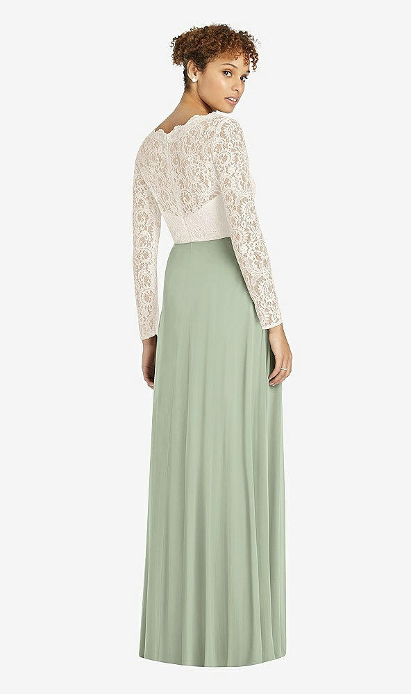 Back View - Sage & Ivory Long Sleeve Illusion-Back Lace and Chiffon Dress