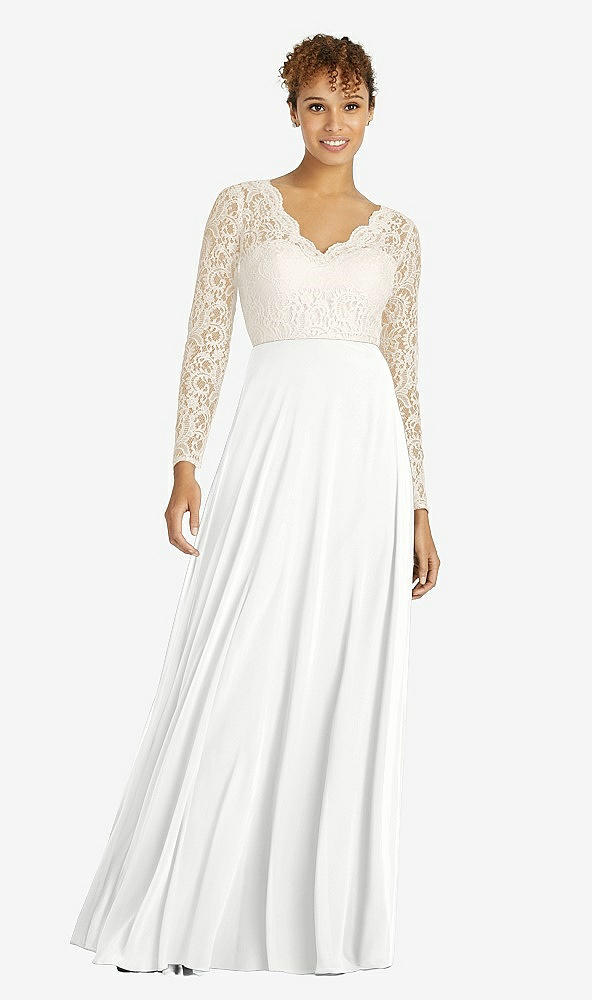 Front View - White & Ivory Long Sleeve Illusion-Back Lace and Chiffon Dress