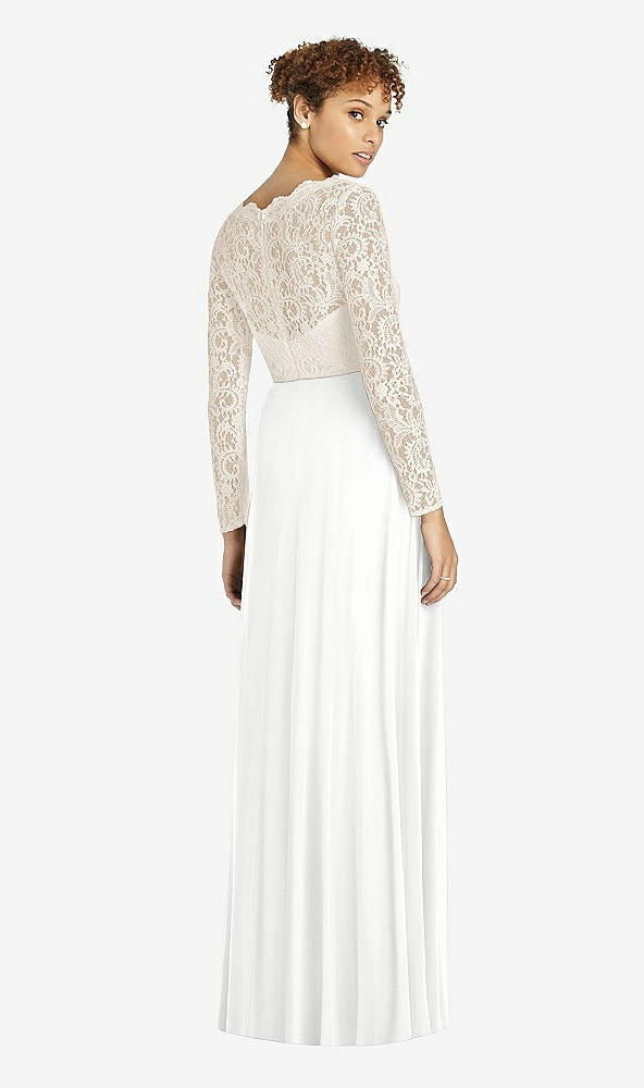 Back View - White & Ivory Long Sleeve Illusion-Back Lace and Chiffon Dress