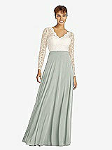 Front View Thumbnail - Willow Green & Ivory Long Sleeve Illusion-Back Lace and Chiffon Dress