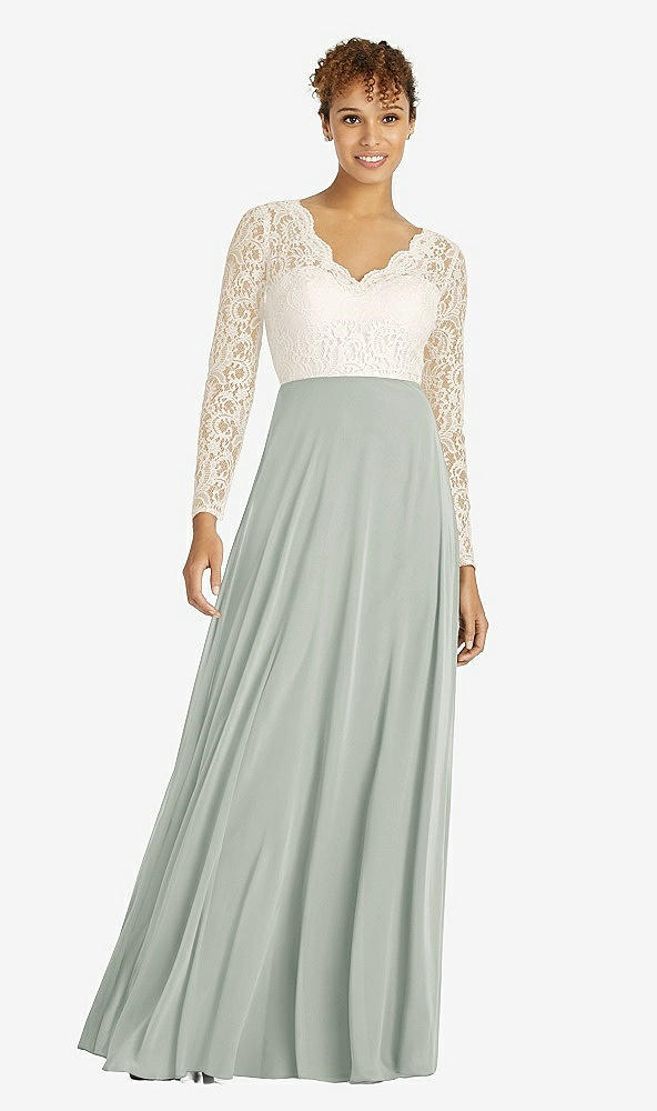 Front View - Willow Green & Ivory Long Sleeve Illusion-Back Lace and Chiffon Dress