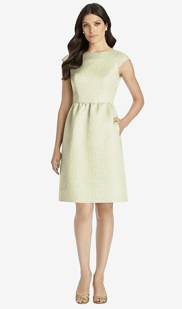 Front View - Mint Gold Full Midi Natural Waist Cap Sleeve Dress