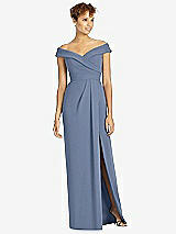 Front View Thumbnail - Larkspur Blue Cuffed Off-the-Shoulder Faux Wrap Maxi Dress with Front Slit