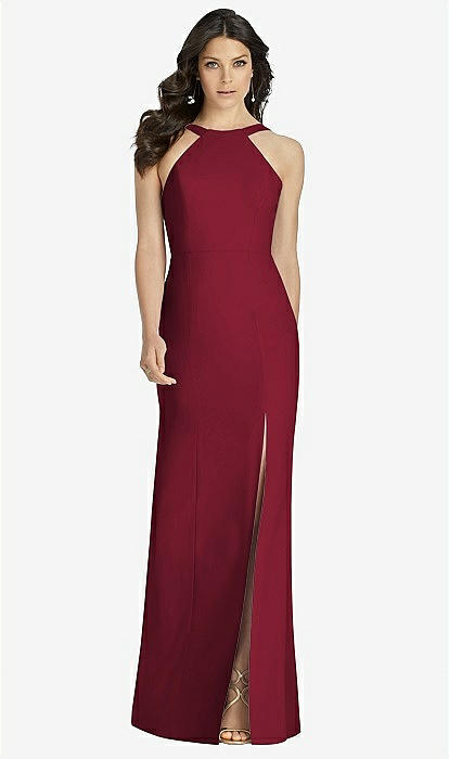 High-neck Backless Crepe Trumpet Bridesmaid Dress In Burgundy