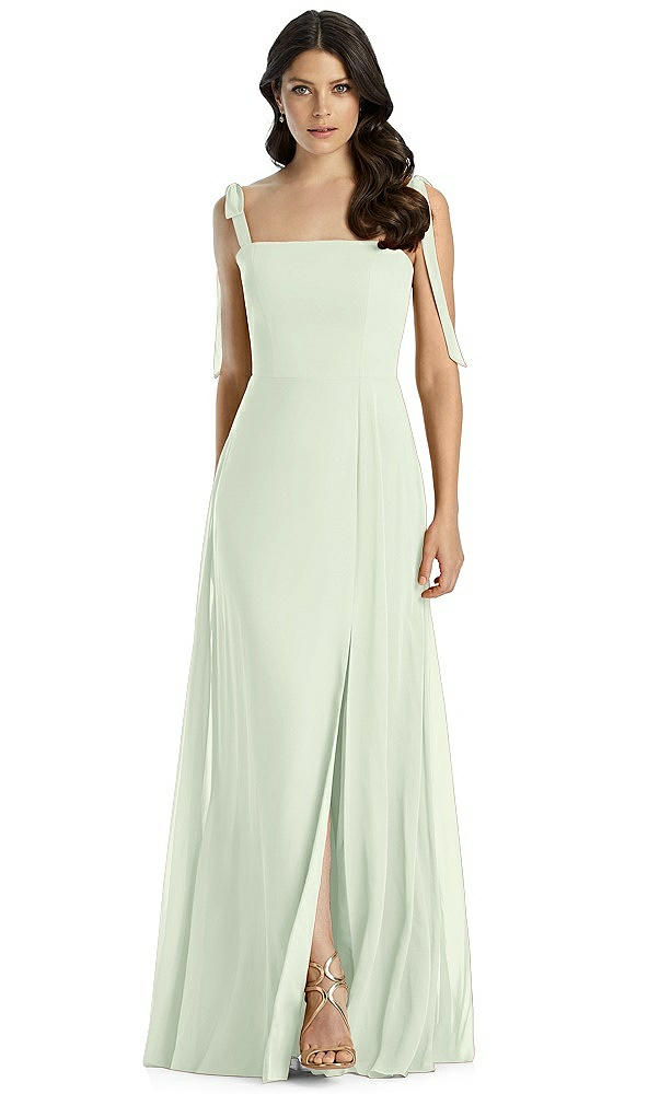 Front View - Mint Green Tie-Shoulder Chiffon Maxi Dress with Front Slit