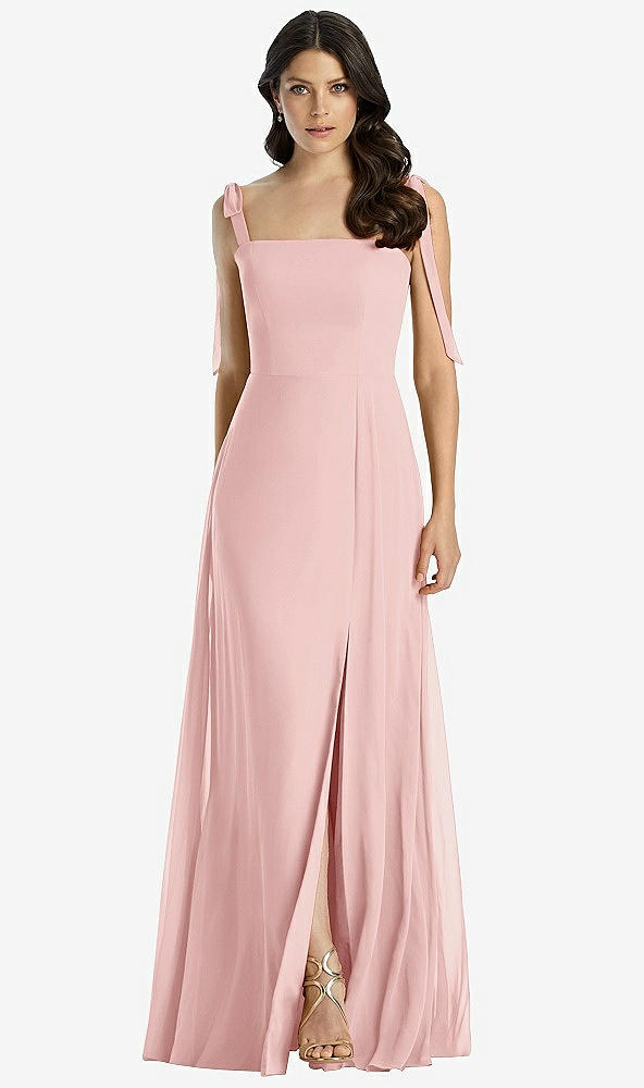 Front View - Rose Tie-Shoulder Chiffon Maxi Dress with Front Slit