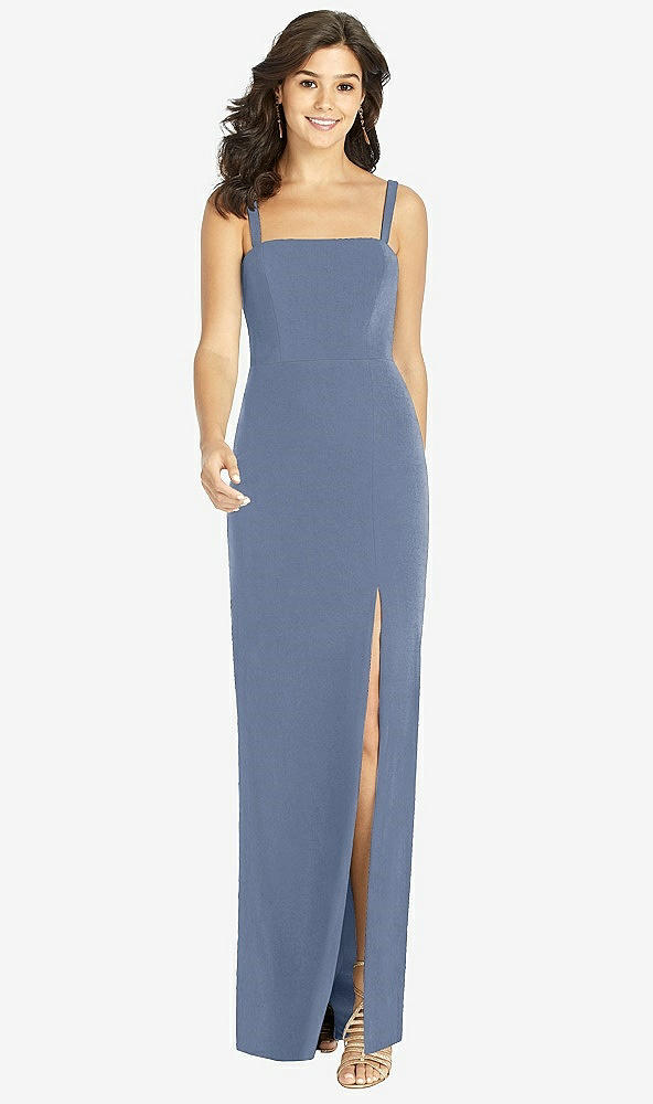 Front View - Larkspur Blue Flat Strap Stretch Mermaid Dress with Front Slit