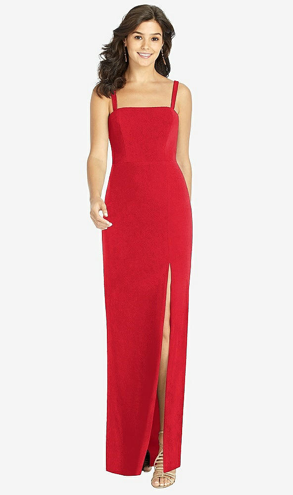 Front View - Parisian Red Flat Strap Stretch Mermaid Dress with Front Slit