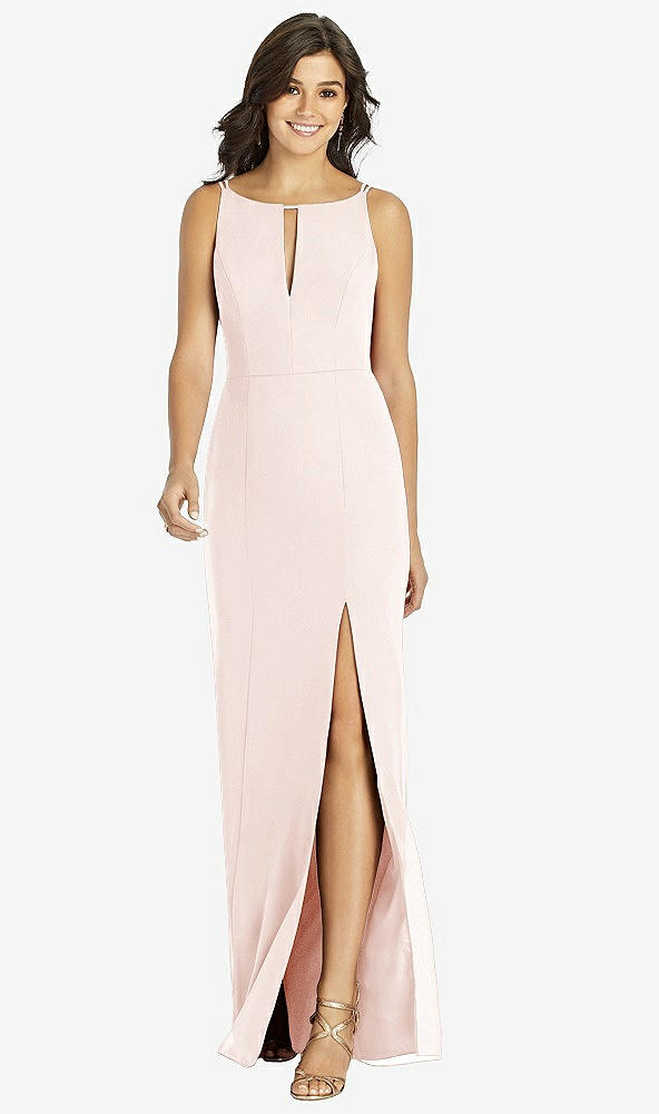 Front View - Blush Keyhole Neck Mermaid Dress with Front Slit