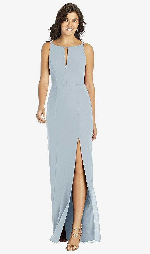 Front View - Mist Keyhole Neck Mermaid Dress with Front Slit