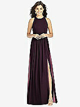Front View Thumbnail - Deep Plum Shirred Skirt Jewel Neck Halter Dress with Front Slit