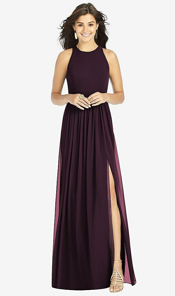 Front View - Deep Plum Shirred Skirt Jewel Neck Halter Dress with Front Slit