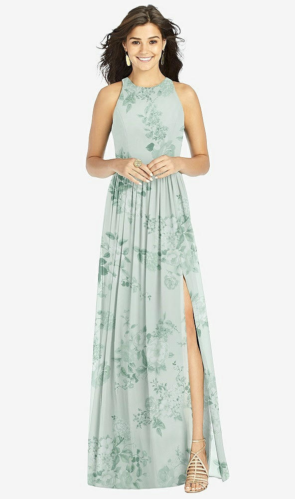 Front View - Mint Green Floral Shirred Skirt Jewel Neck Halter Dress with Front Slit