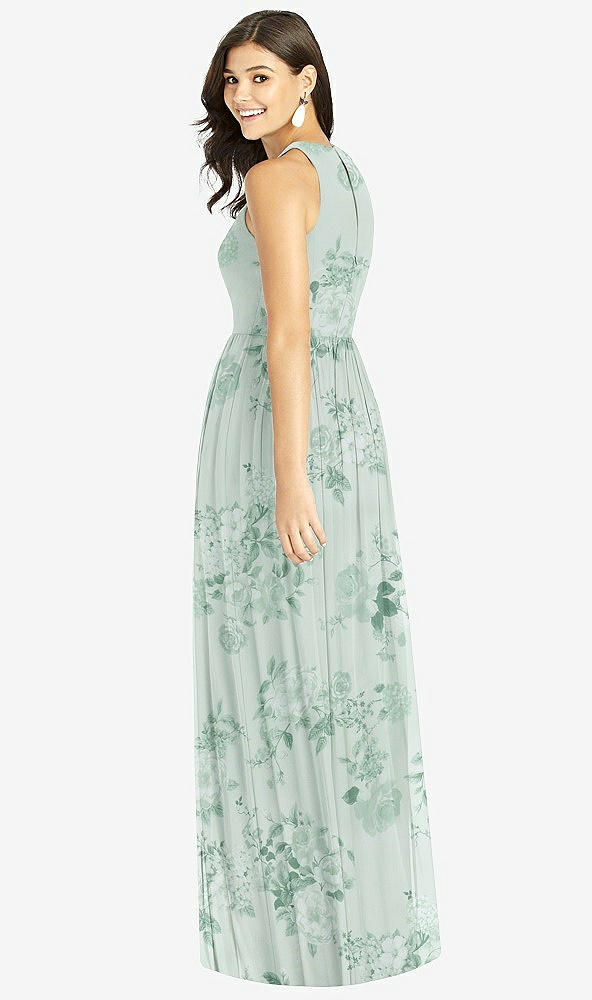 Back View - Mint Green Floral Shirred Skirt Jewel Neck Halter Dress with Front Slit