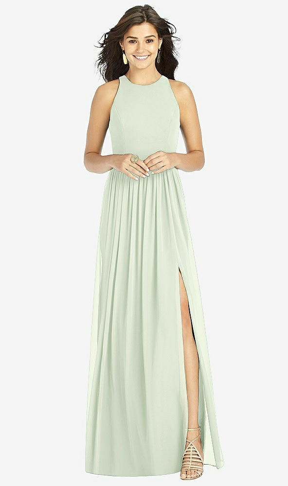 Front View - Mint Green Shirred Skirt Jewel Neck Halter Dress with Front Slit