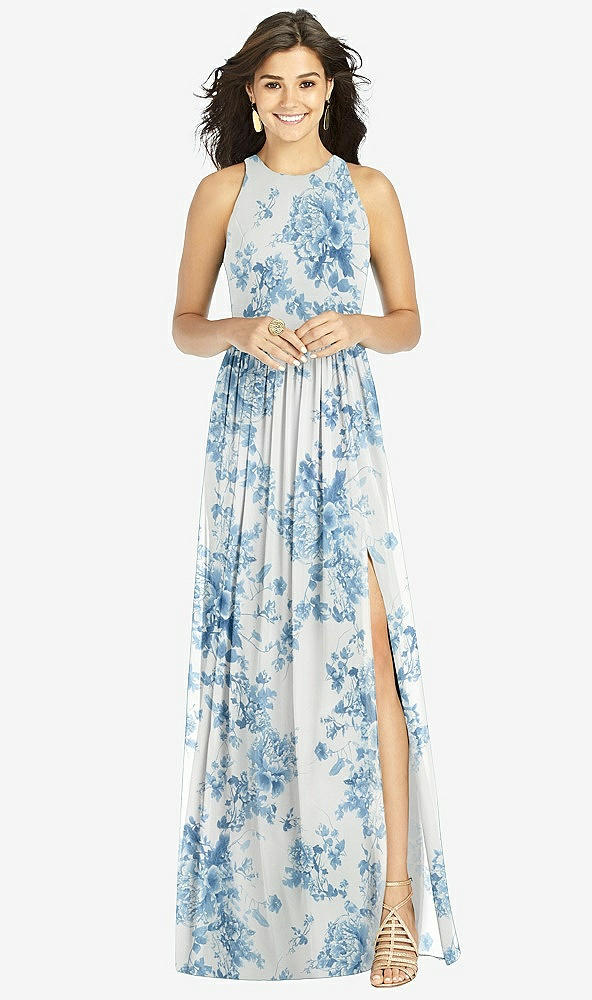 Front View - Cottage Rose Dusk Blue Shirred Skirt Jewel Neck Halter Dress with Front Slit