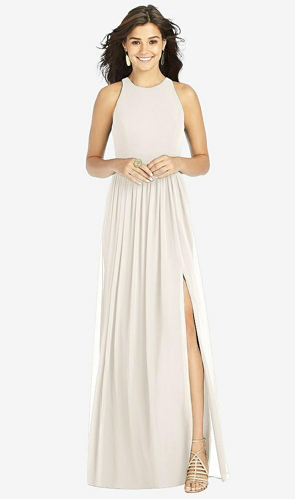 Front View - Ivory Shirred Skirt Jewel Neck Halter Dress with Front Slit
