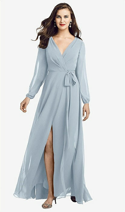 Long Sleeve Wrap Maxi Bridesmaid Dress With Front Slit In Mist