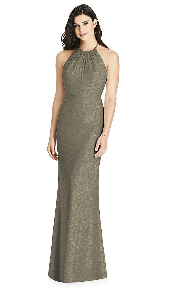 Back View - Mocha Gold Shimmer Halter-Neck Ruffle-Back Chiffon Trumpet Gown