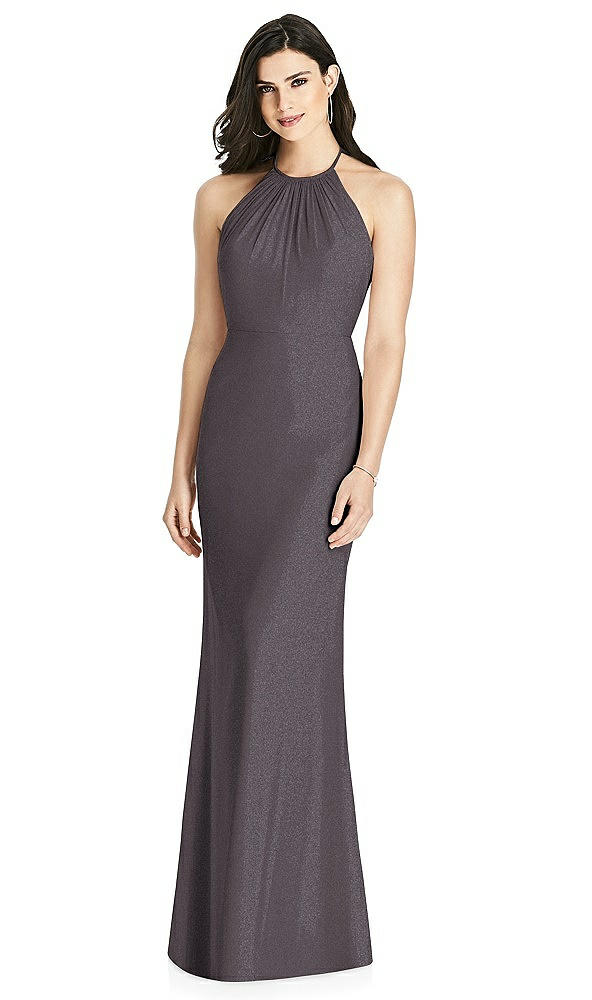 Back View - Stormy Silver Shimmer Halter-Neck Ruffle-Back Chiffon Trumpet Gown