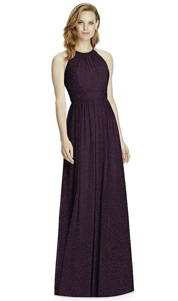 Front View - Aubergine Silver Studio Design Long Halter Shimmer Bridesmaid Dress 4511LS