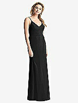 Rear View Thumbnail - Black Shirred Sash Cowl-Back Chiffon Trumpet Gown