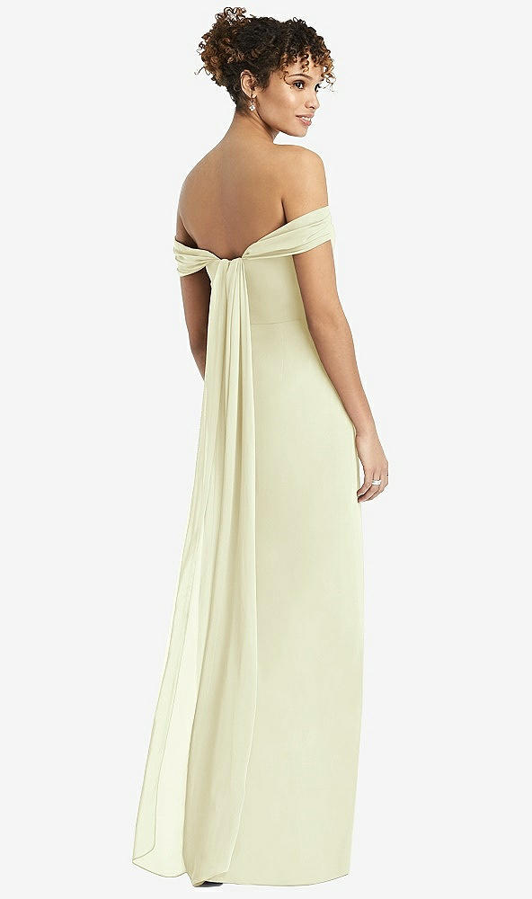 Back View - Butter Yellow Draped Off-the-Shoulder Maxi Dress with Shirred Streamer