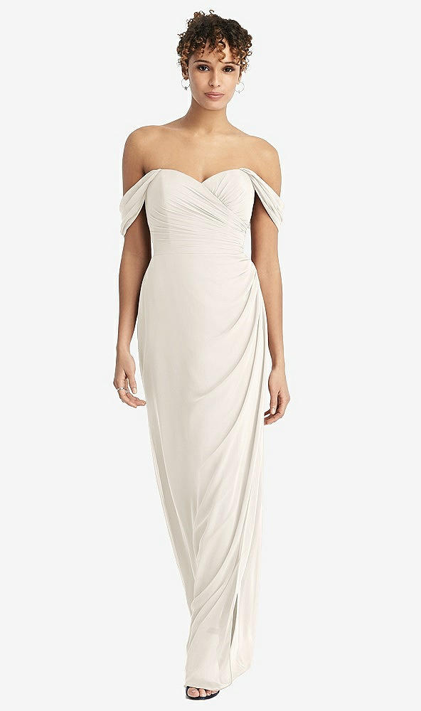 Front View - Ivory Draped Off-the-Shoulder Maxi Dress with Shirred Streamer