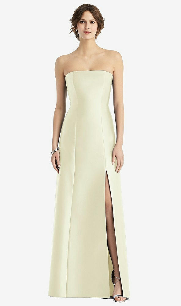 Front View - Butter Yellow Strapless Satin Trumpet Gown with Front Slit