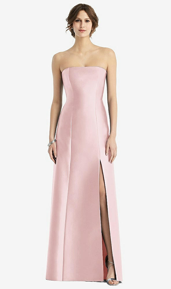 Front View - Ballet Pink Strapless Satin Trumpet Gown with Front Slit