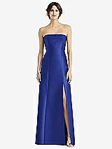 Front View Thumbnail - Cobalt Blue Strapless Satin Trumpet Gown with Front Slit
