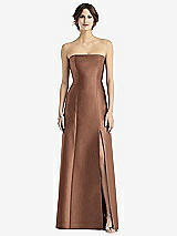 Front View Thumbnail - Cognac Strapless Satin Trumpet Gown with Front Slit