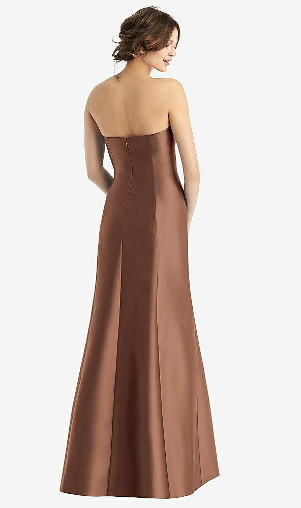 Back View - Cognac Strapless Satin Trumpet Gown with Front Slit