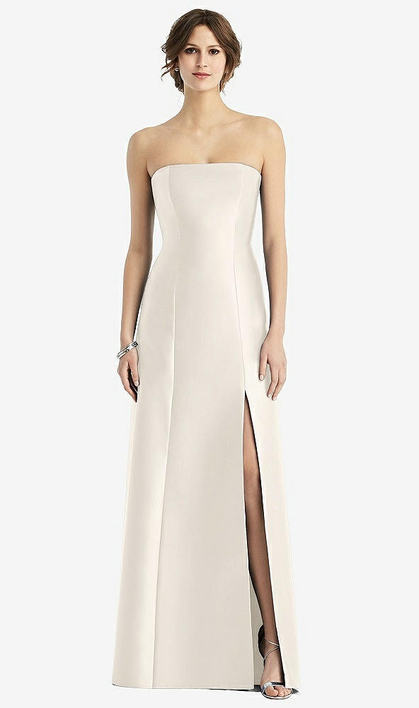 Front View - Ivory Strapless Satin Trumpet Gown with Front Slit