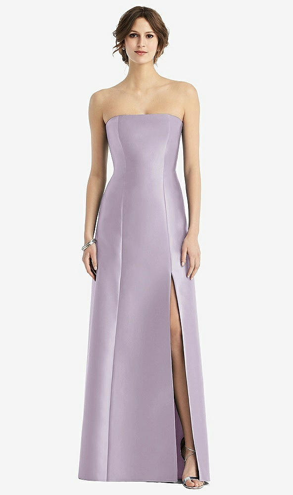 Front View - Lilac Haze Strapless Satin Trumpet Gown with Front Slit