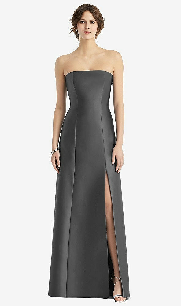 Front View - Pewter Strapless Satin Trumpet Gown with Front Slit