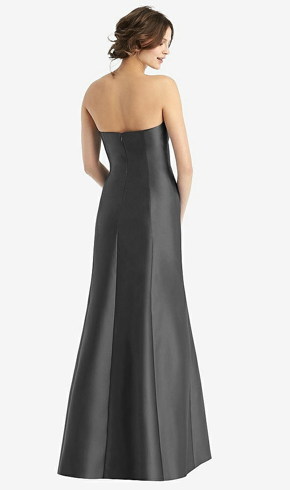 Back View - Pewter Strapless Satin Trumpet Gown with Front Slit