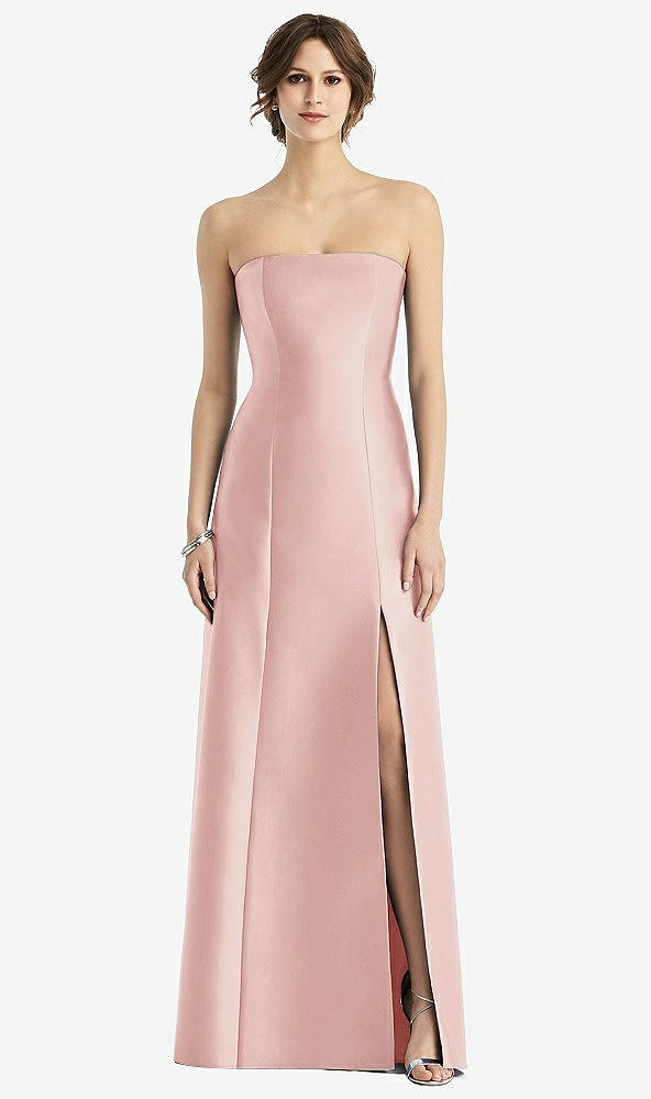 Front View - Rose Strapless Satin Trumpet Gown with Front Slit