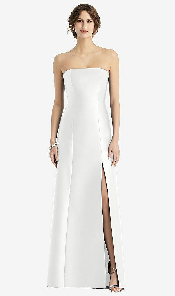 Front View - White Strapless Satin Trumpet Gown with Front Slit