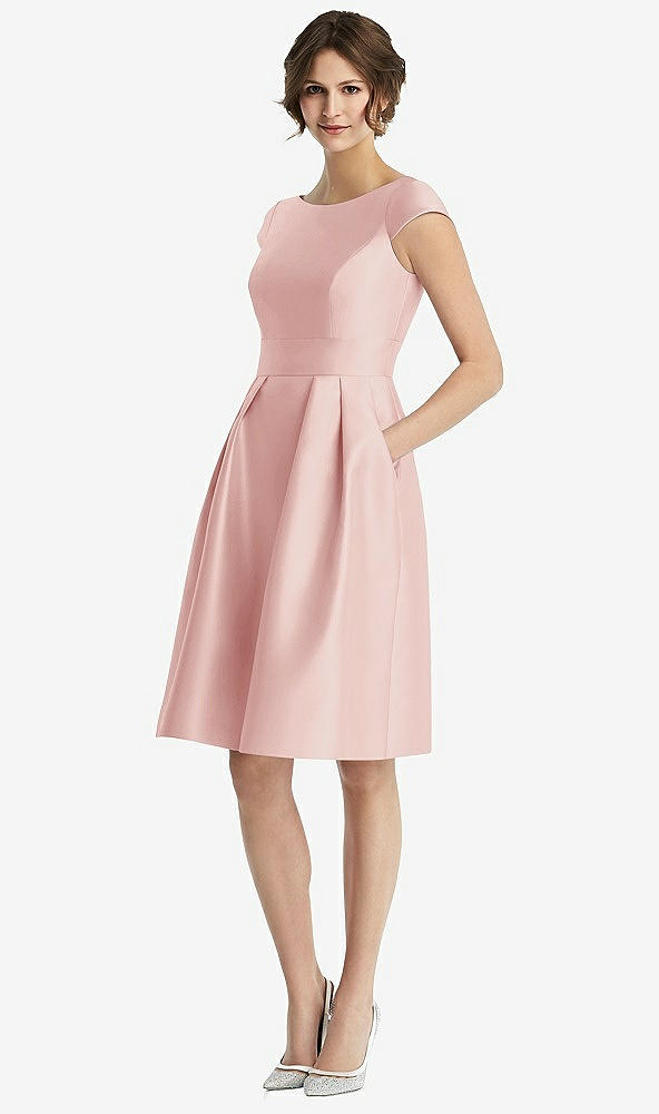 Front View - Rose Cap Sleeve Pleated Cocktail Dress with Pockets