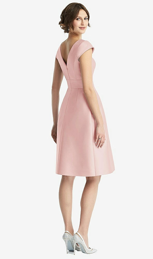 Back View - Rose Cap Sleeve Pleated Cocktail Dress with Pockets
