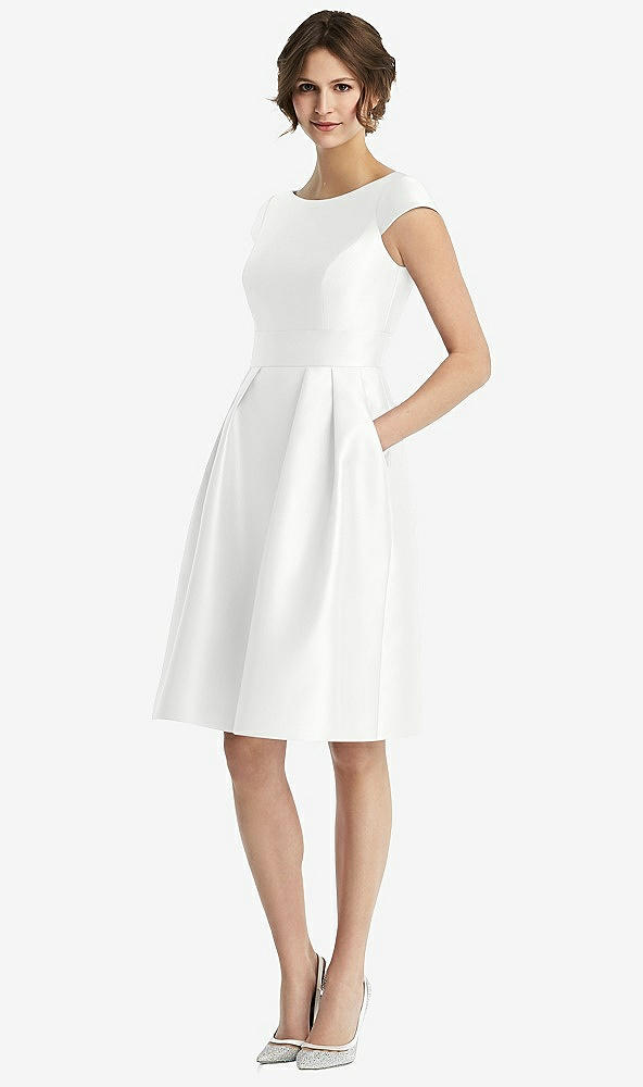 Front View - White Cap Sleeve Pleated Cocktail Dress with Pockets
